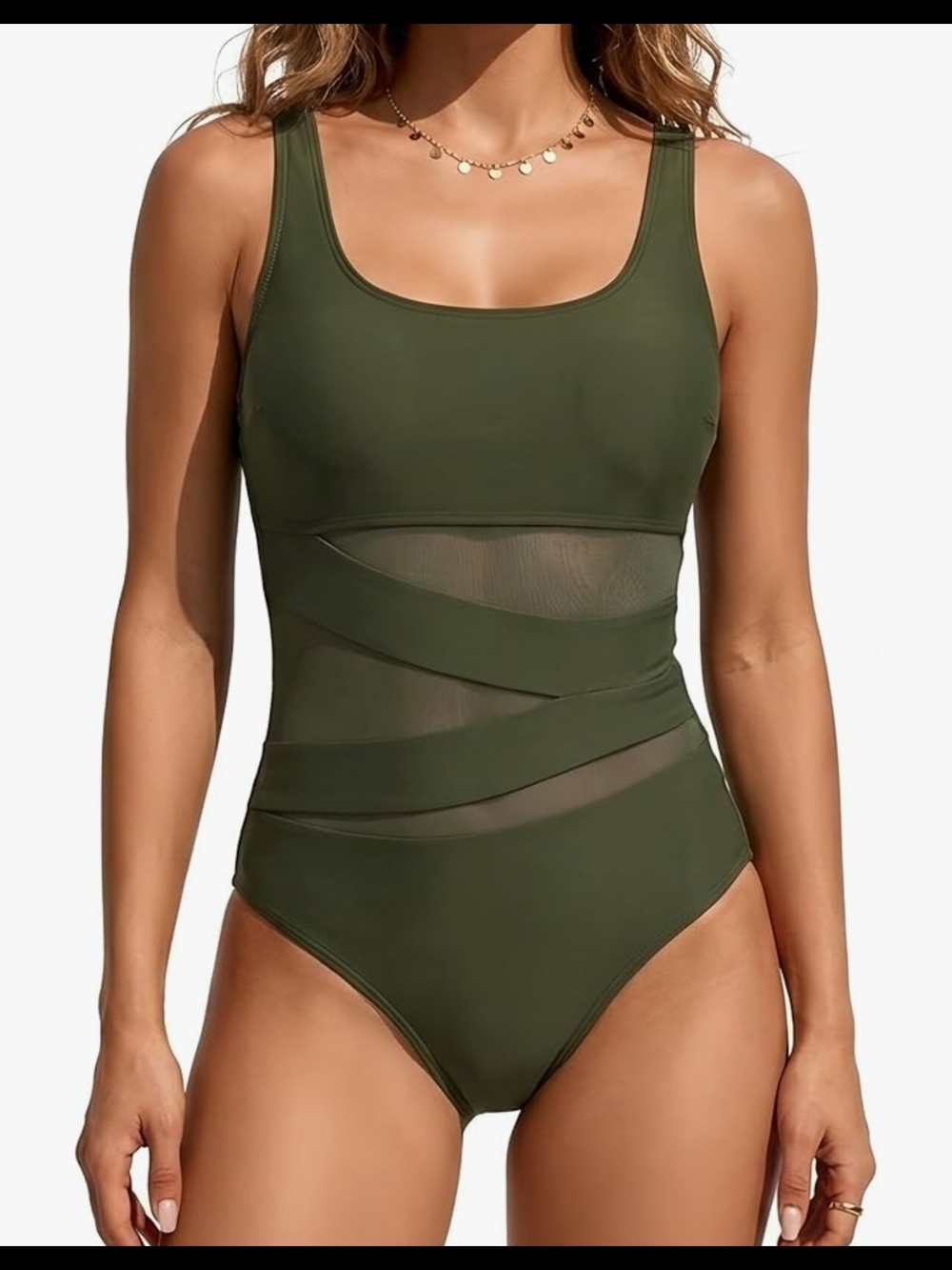 NEW Women’s Olive Green One-Piece Swimsuit with Mesh Inset Panels
